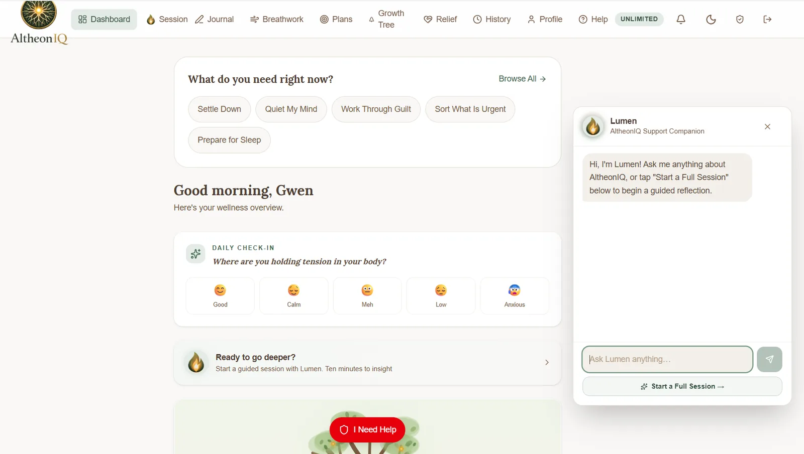 The AltheonIQ dashboard with a daily check-in and the guided companion panel