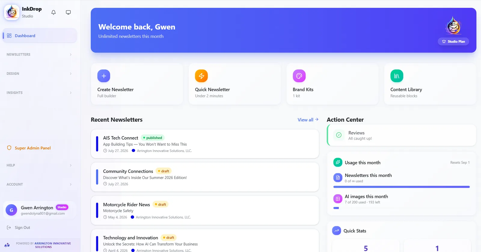 The InkDrop Studio dashboard with newsletter creation, brand kits, and content library