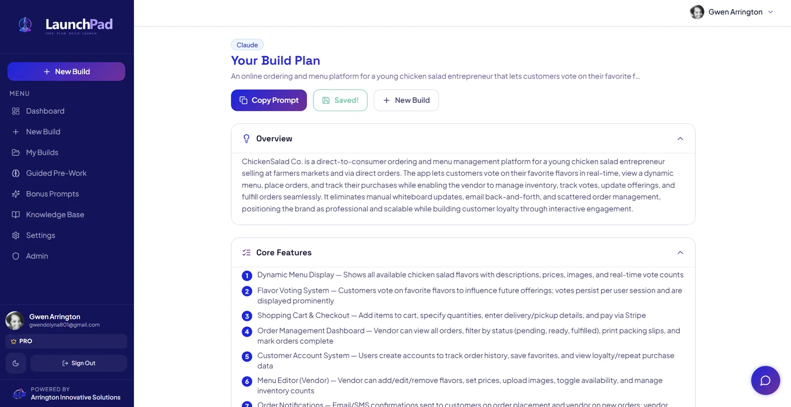 A generated build plan showing the project overview and an ordered list of core features